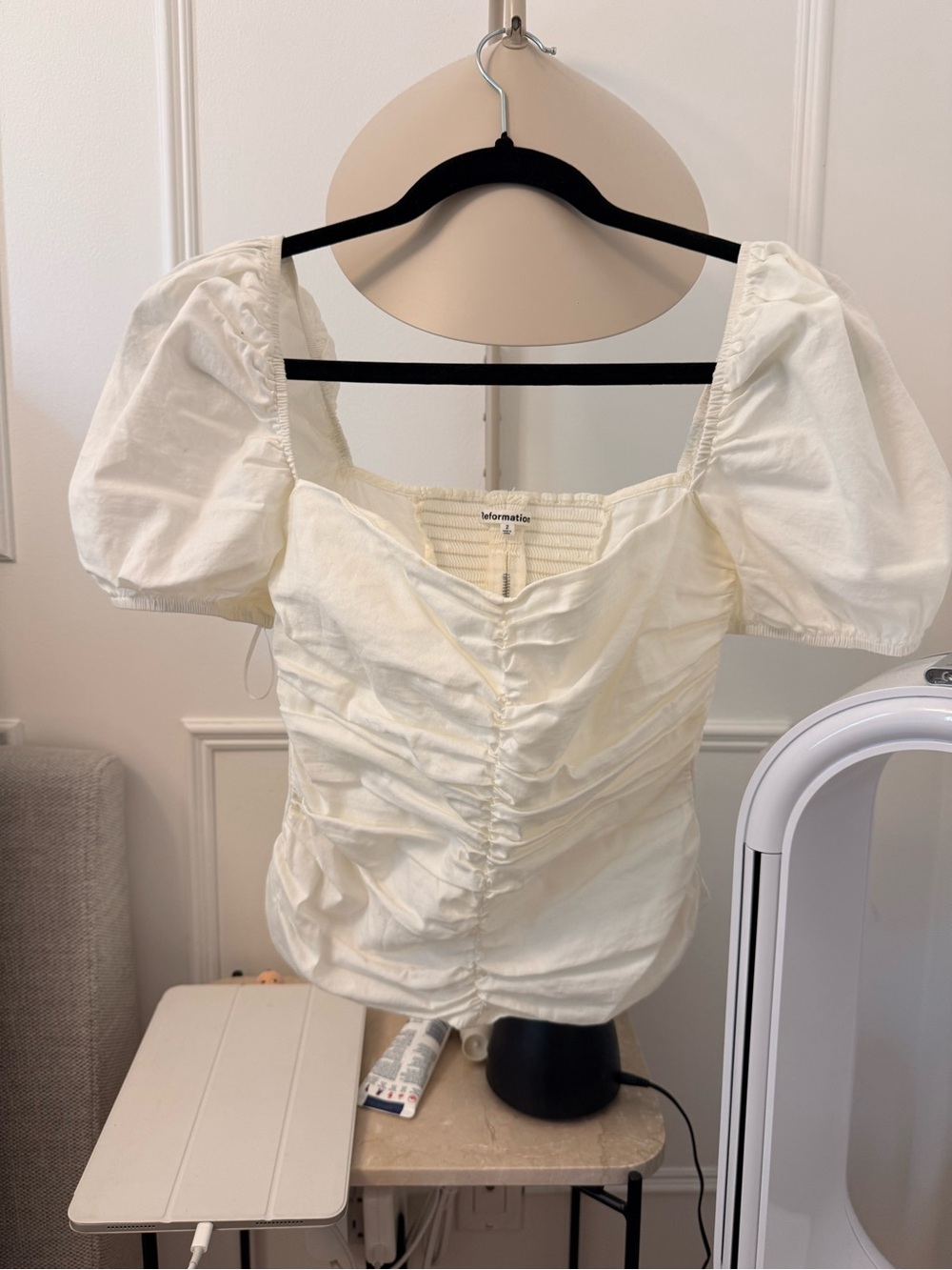 Reformation White Puff Sleeve Ruched Cotton Top